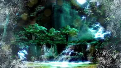 绿色唯美梦幻瀑布蝴蝶飞舞森林粒子光效视频的预览图